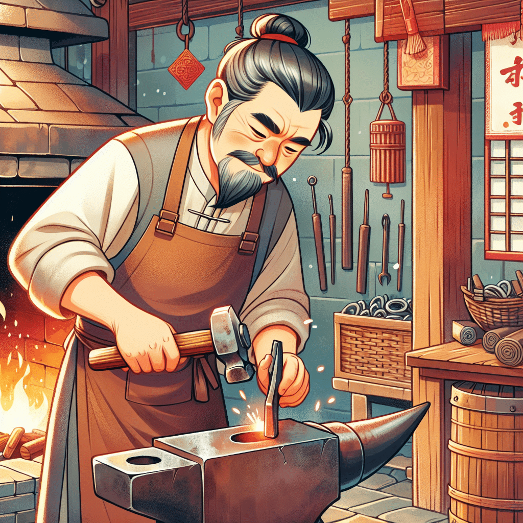 An image of blacksmith Zhang in his workshop.